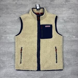 NWT Vineyard Vines Stillwater Sherpa Vest Men’s Medium Cream Beige Navy Full Zip
